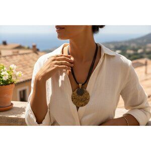 Vintage-Inspired Brass Spiral Pendant Necklace & Earrings Set With Black Multi-S